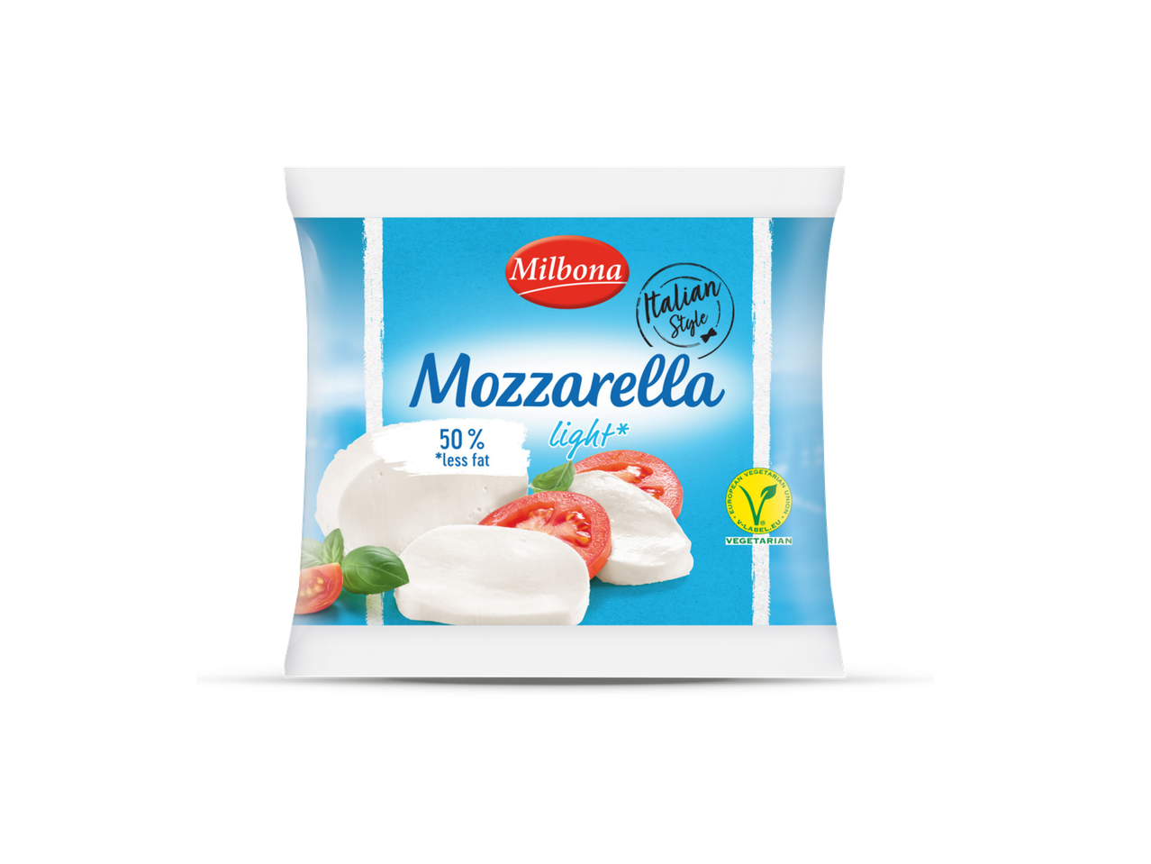 Pakiranje mozzarelle light s 50% manje masnoće, talijanski stil, vegetarijansko.