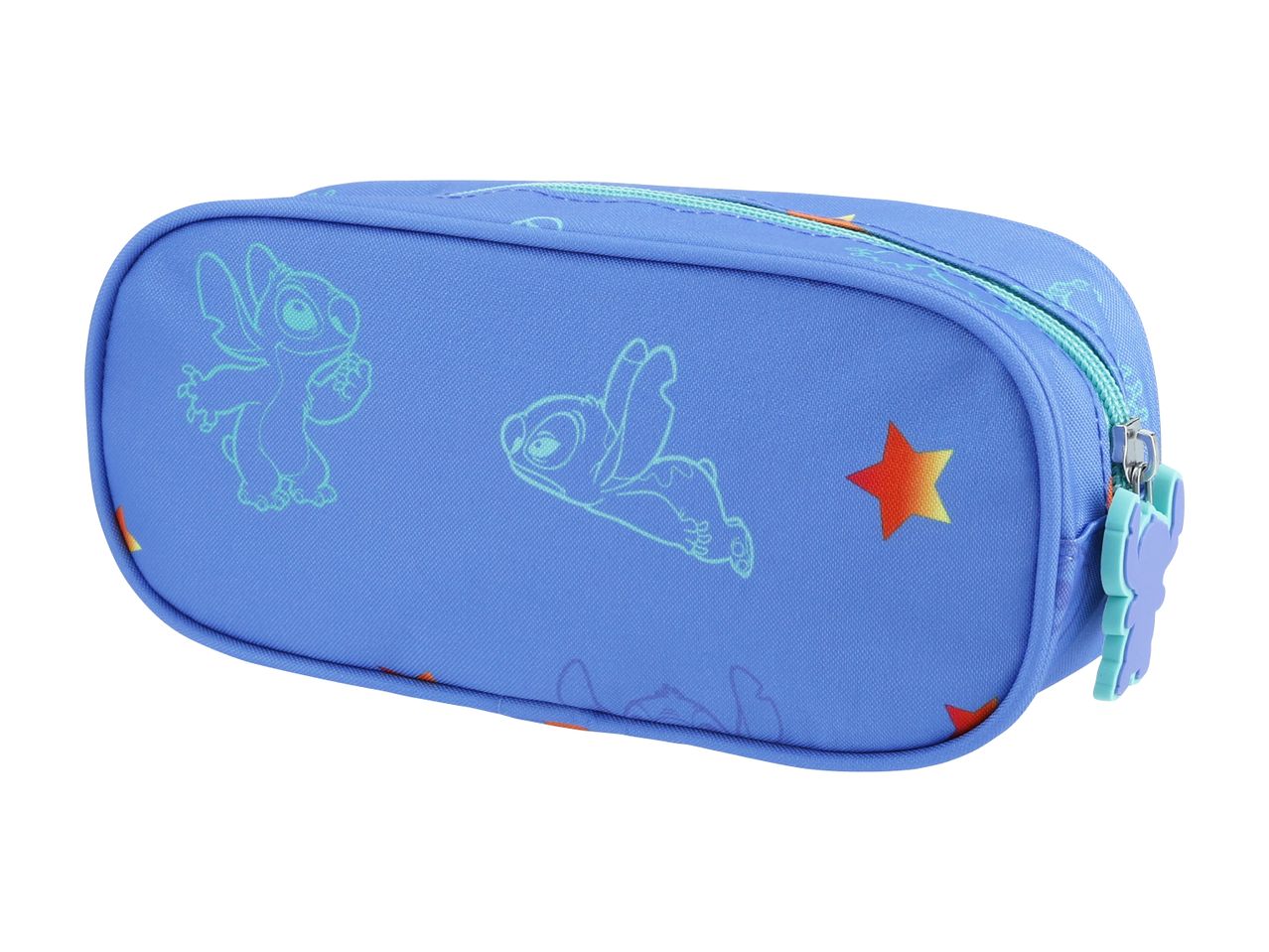 Blue pencil case with Stitch character outlines and orange stars, light blue zipper and pull.