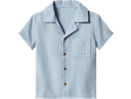 Light blue short-sleeved shirt with a camp collar and wooden buttons.
