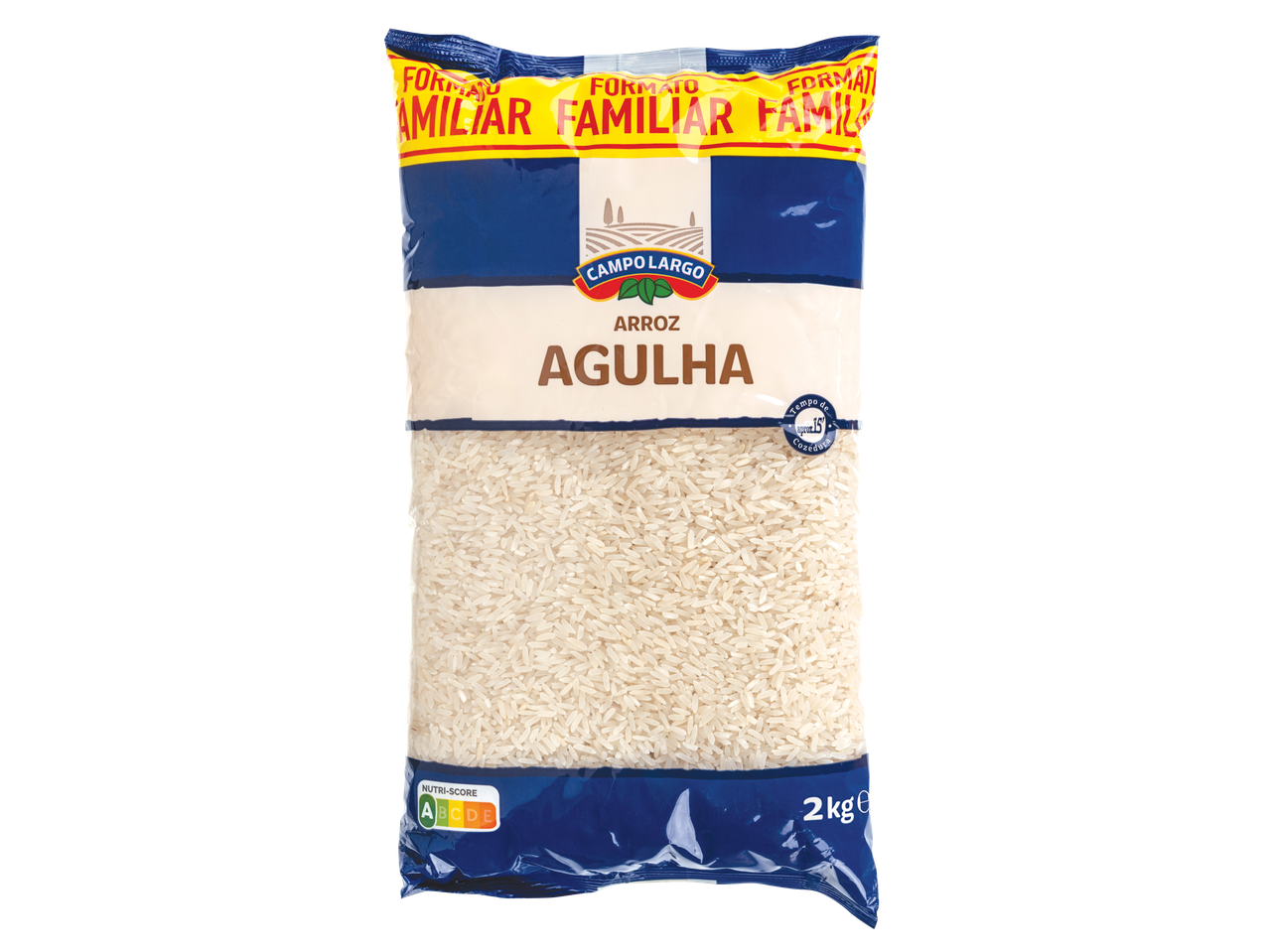 Arroz Agulha Campo Largo, embalagem familiar de 2kg, com Nutri-Score A e tempo de cozedura de 15 minutos.