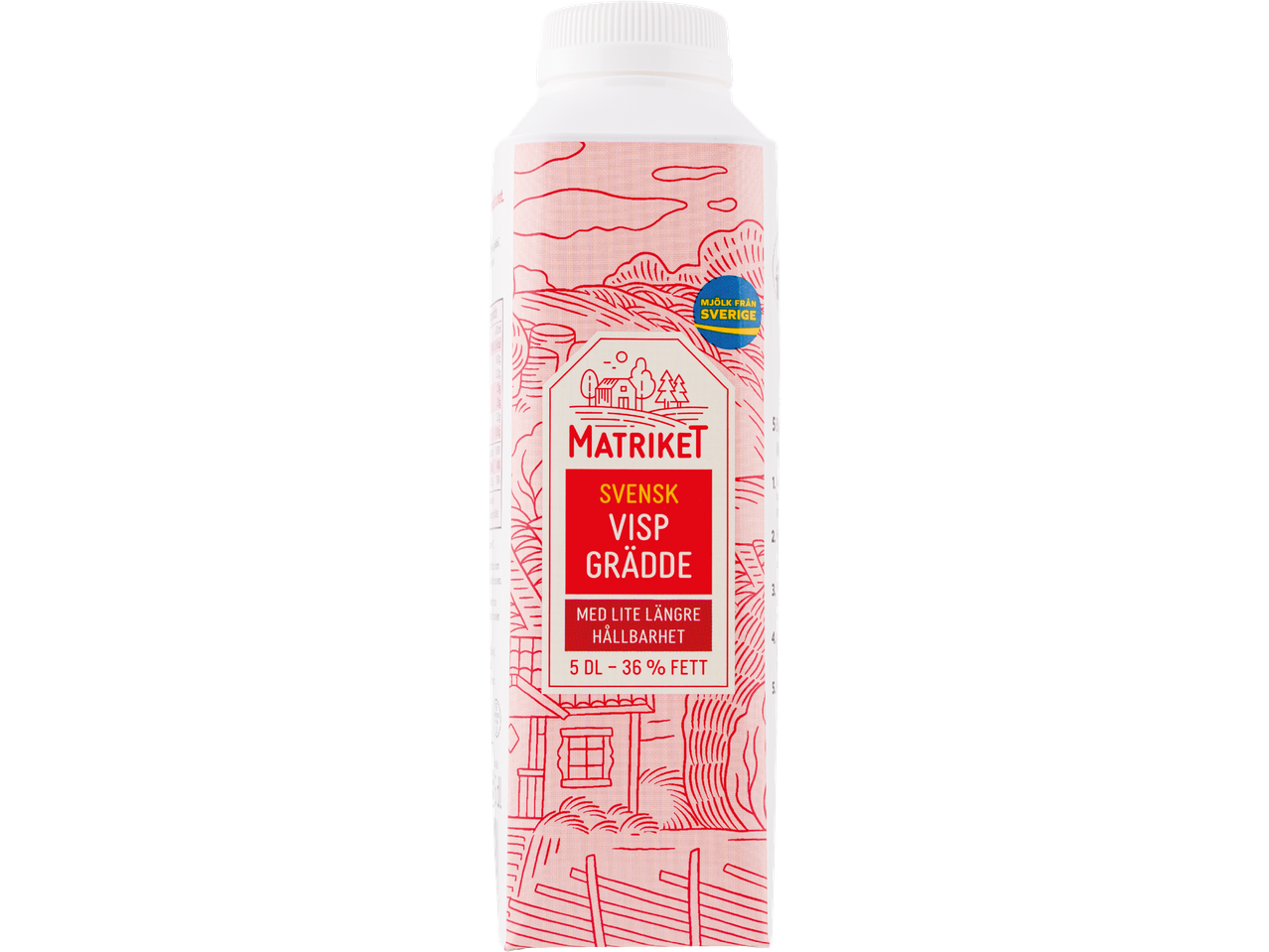 Matriket svensk vispgrädde med 36% fett, 5 dl, med mjölk från Sverige.