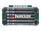Screwdriver bit set in a clear plastic case with green accents, featuring various bit types.