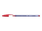 Red ballpoint pen with its cap removed, showing the tip and ink tube.