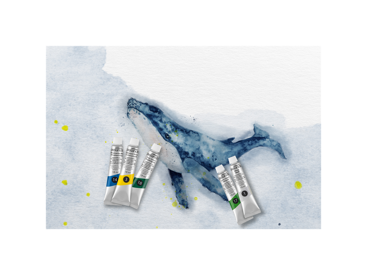 Crelando värvituubid akvarelliga maalitud vaalaga.