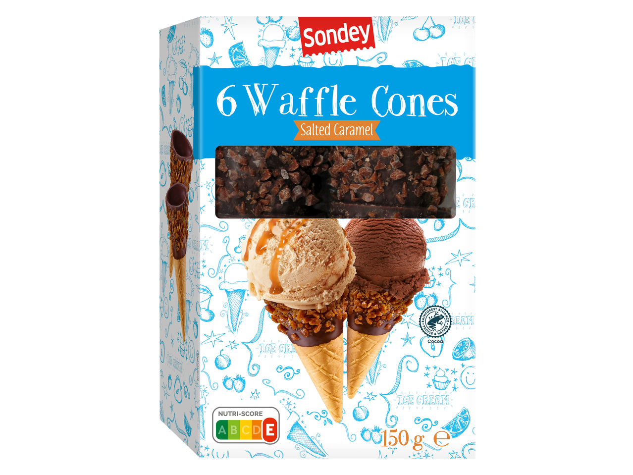 Sondey 6 wafelhoorntjes met gezouten karamel- en chocolade-ijs, Nutri-Score E, 150g.