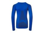 Blue long-sleeved athletic shirt with dark blue patterns on the back.