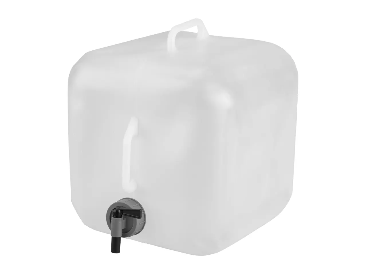 Translucent water container with a tap and handle, ideal for camping or outdoor use.