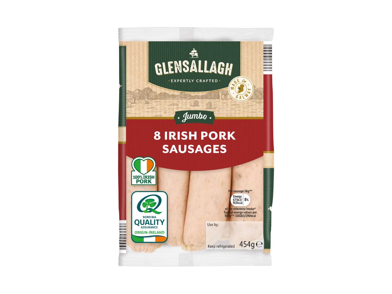 Pack of 8 jumbo Irish pork sausages, 454g, with quality assurance and origin-Ireland labels.