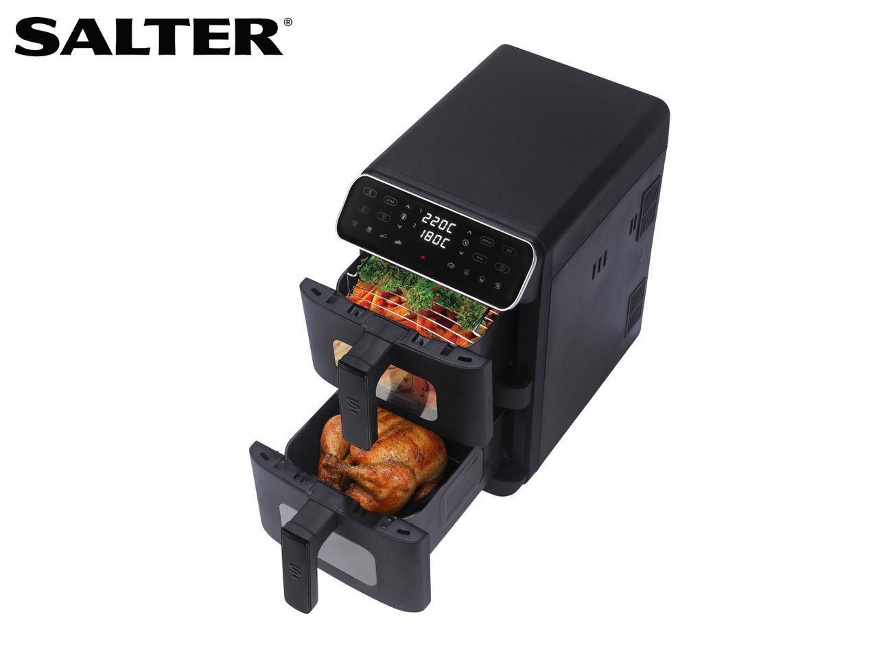 Black dual-basket air fryer with a whole chicken and vegetables inside.