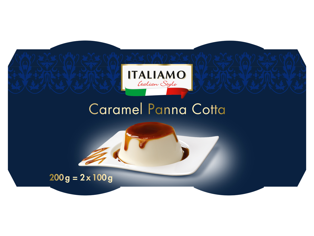 Karamellás panna cotta desszert elegáns kék csomagolásban.