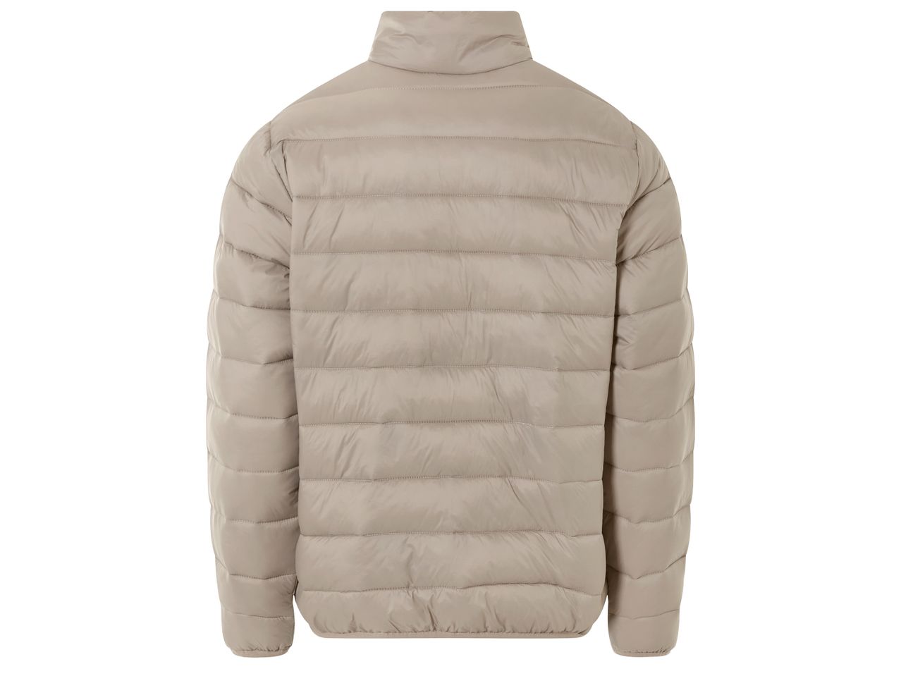 Бежово мъжко пухено яке с висока яка, заснето отзад.