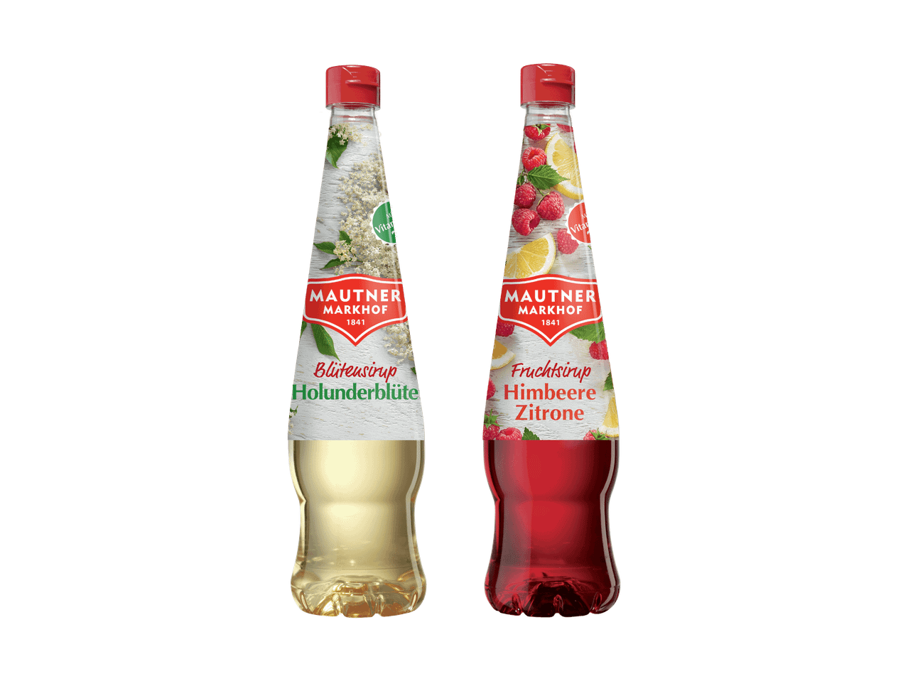 Zwei Flaschen Mautner Markhof Sirup: Holunderblüte und Himbeere Zitrone.
