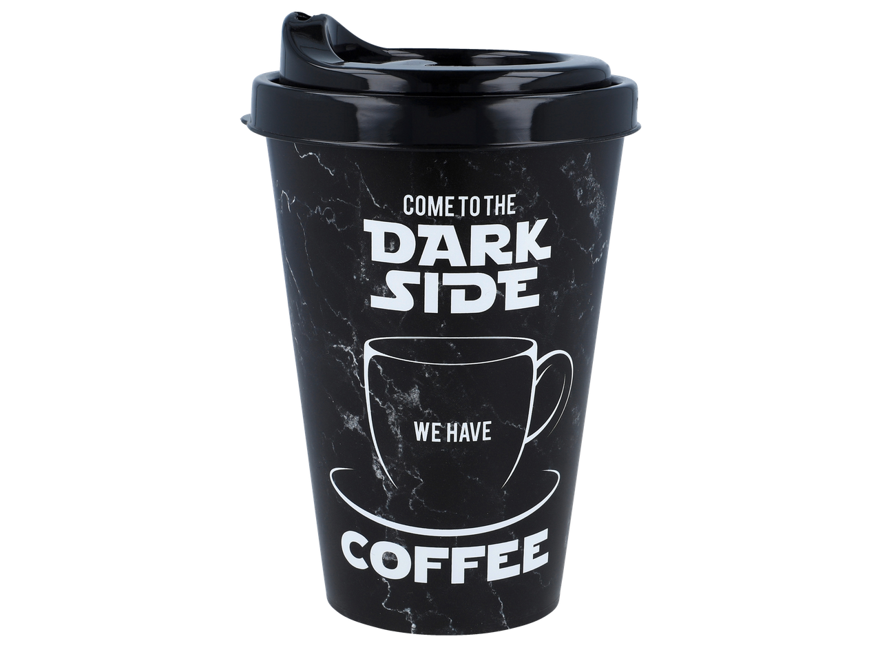 Black marble-patterned travel mug with 'COME TO THE DARK SIDE WE HAVE COFFEE' text.