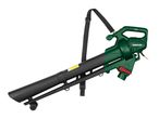 Green and black electric leaf blower with a shoulder strap and wheels