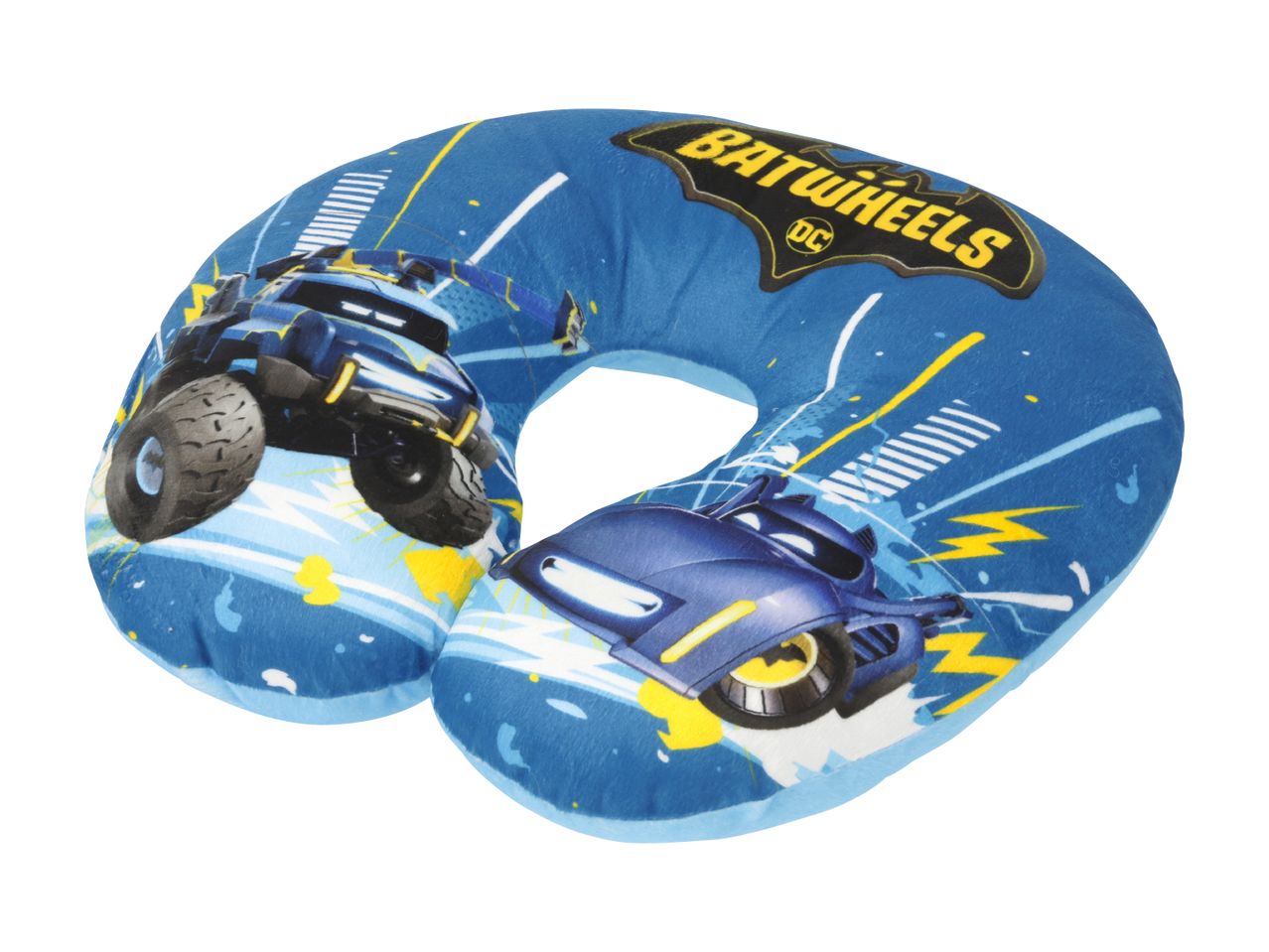 Blå nakkepude med tegneseriebiler og teksten 'BATWHEELS'.
