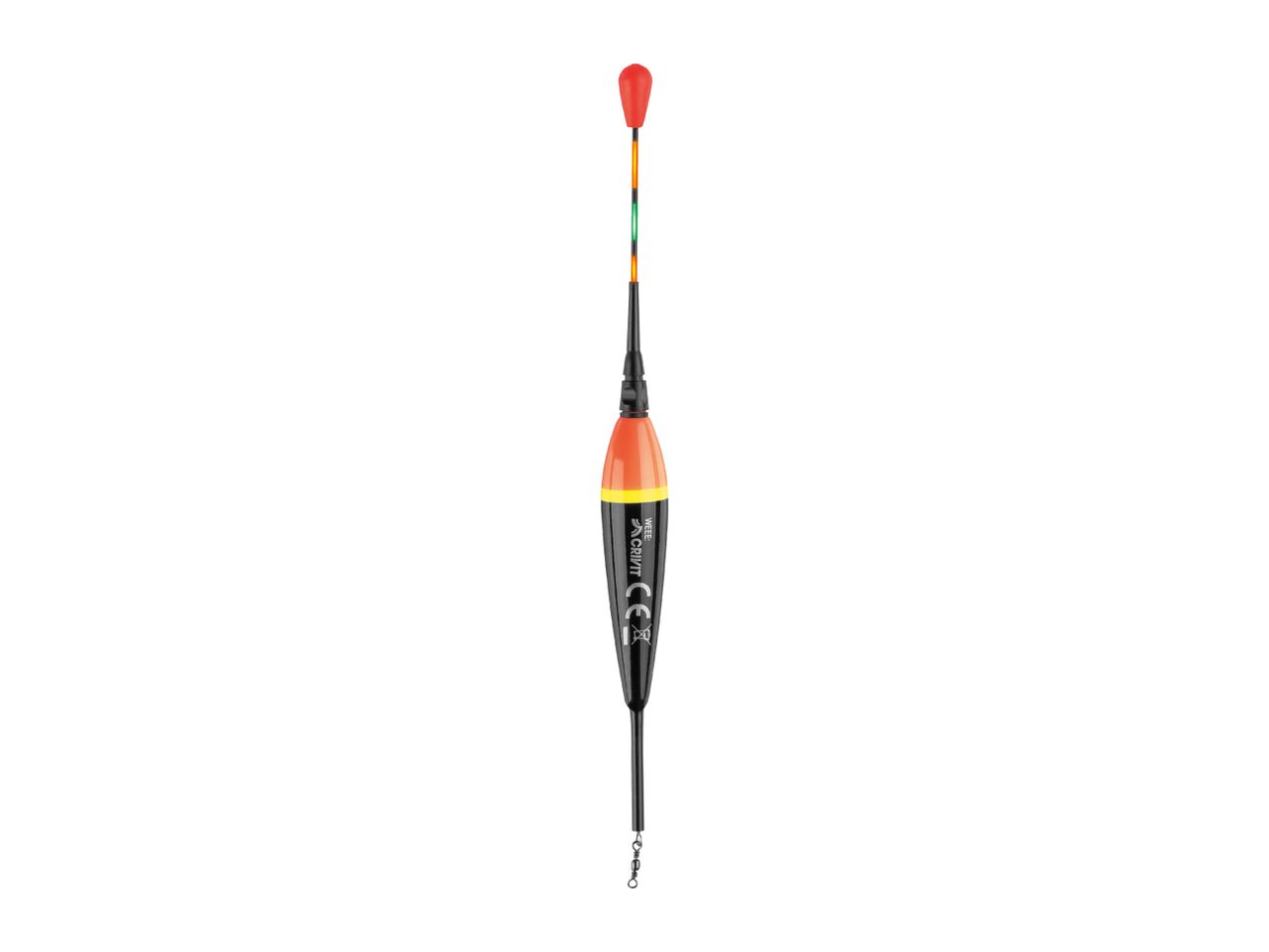 A black, orange, and yellow fishing float with a red tip and a swivel at the bottom.