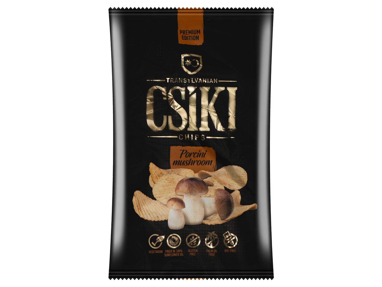 Csíki Chips, vargánya ízű, fekete csomagolás arany betűkkel, vegetáriánus, napraforgóolajban sütve.