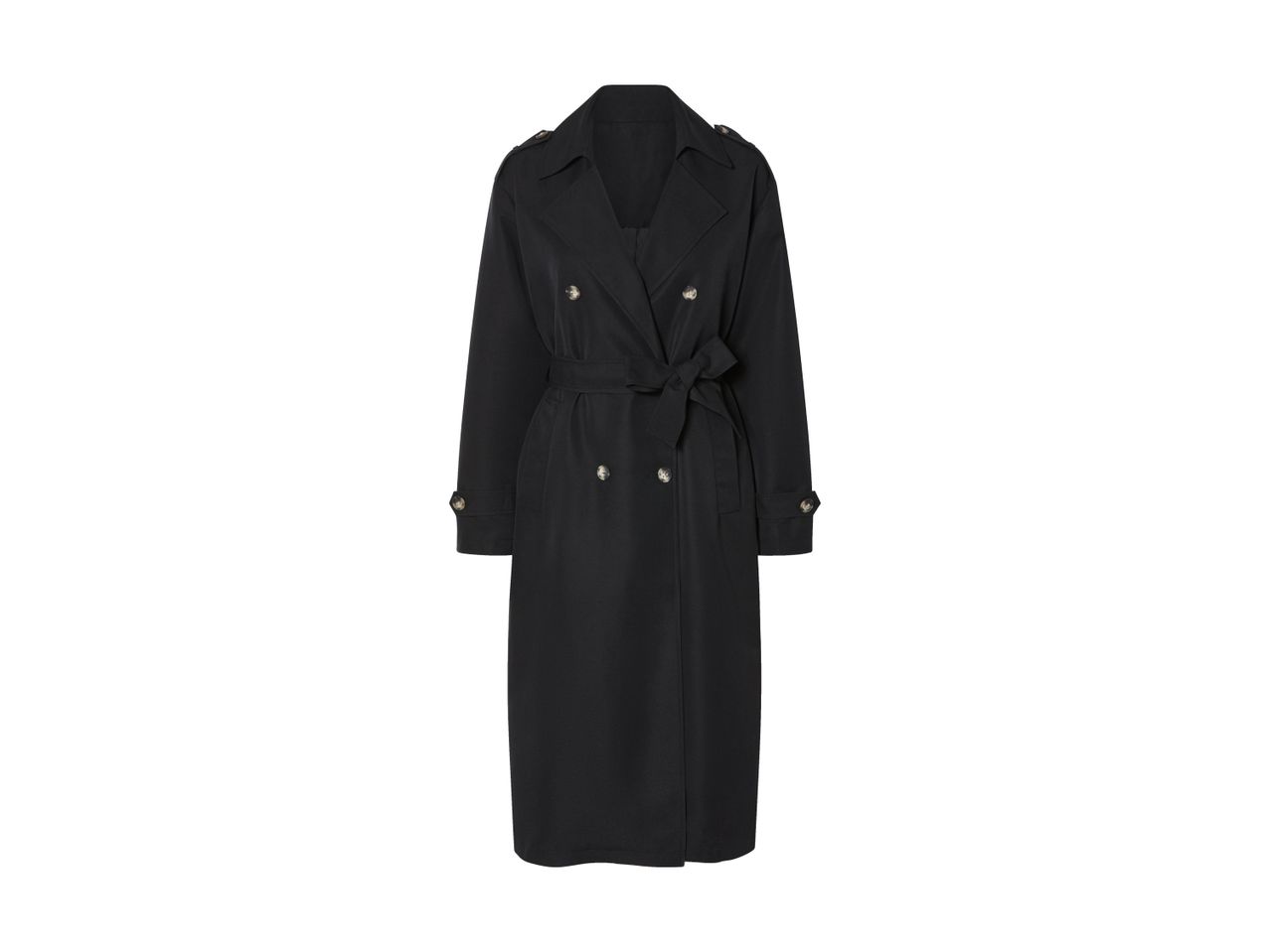 Sort trenchcoat med dobbelt knaplukning og bælte.