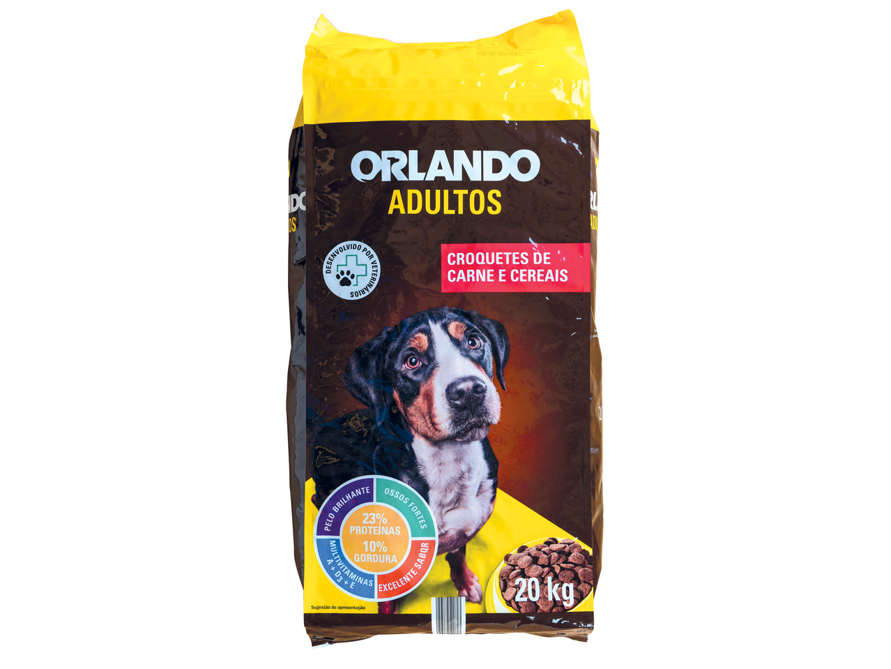 Ração Orlando para cães adultos: croquetes de carne e cereais, 20 kg.