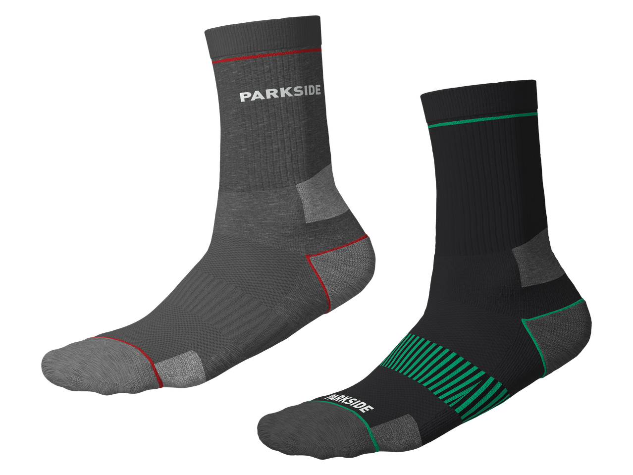 Dva para čarapa, jedne sive s crvenim detaljima i druge crne sa zelenim prugama.