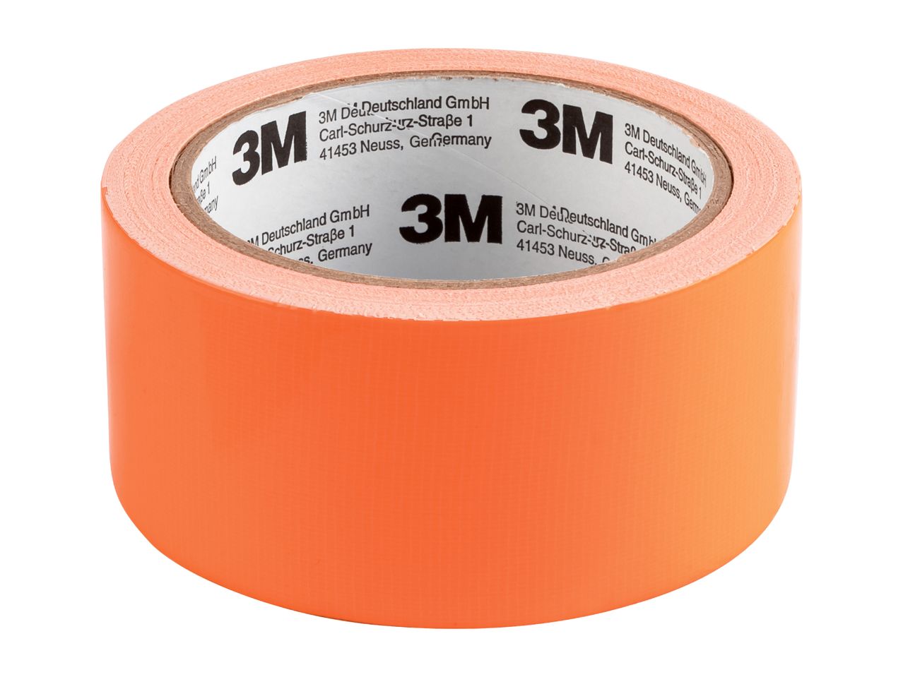 A roll of orange 3M duct tape with company information printed on the core.