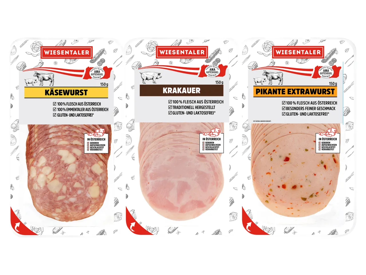 Drei Packungen WIESENTALER Wurstaufschnitt: Käsewurst, Krakauer und Pikante Extrawurst.