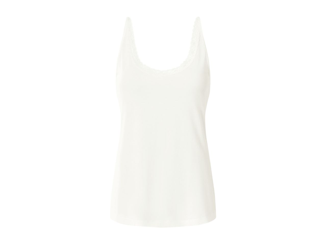 White women's camisole with delicate lace trim on the neckline and straps.