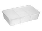 A clear plastic storage bin with a lid and internal dividers.
