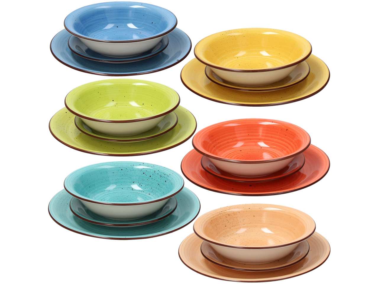 Serviço de Mesa TOGNANA: seis tigelas e pratos em cores variadas.