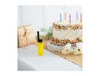 Yellow utility lighter next to a birthday cake with lit candles and a wrapped gift.