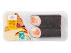 Két VitAsia sushi tekercs lazaccal, krémsajttal, mangóval és répával.