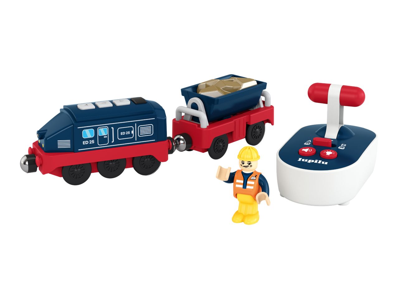 Toy train set with a blue engine, red wagon, construction worker figure, and remote control.