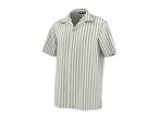 Men's striped short-sleeved shirt in white and grey with a camp collar.