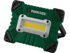 Parkside® COB LED radna svjetiljka u zelenoj i crnoj boji sa srebrnim detaljima.