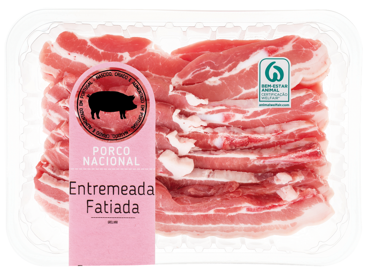 Barriga de porco fatiada, nacional, embalada em plástico.