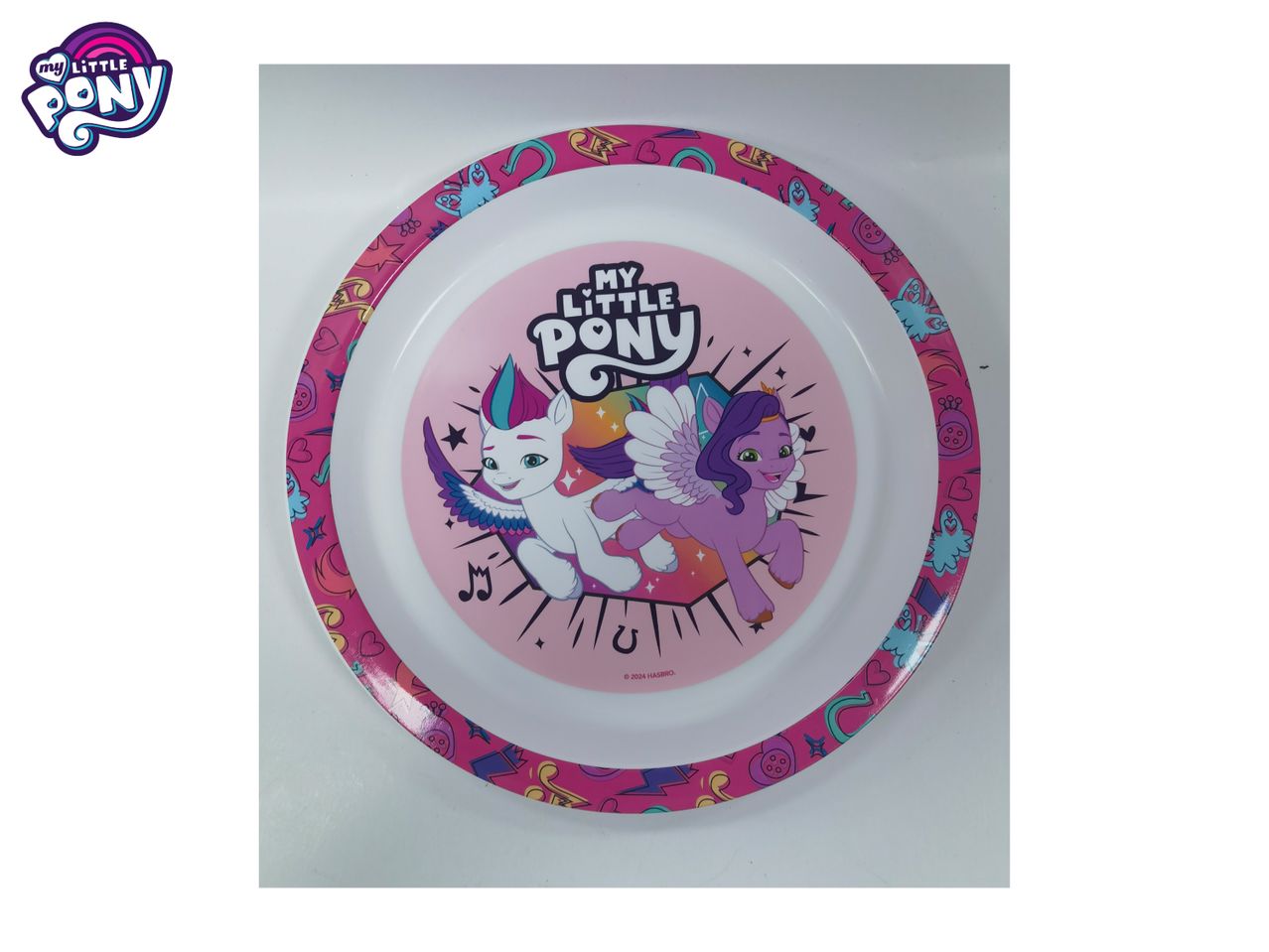My Little Pony plate with two winged ponies, one white and one purple, on a pink background.