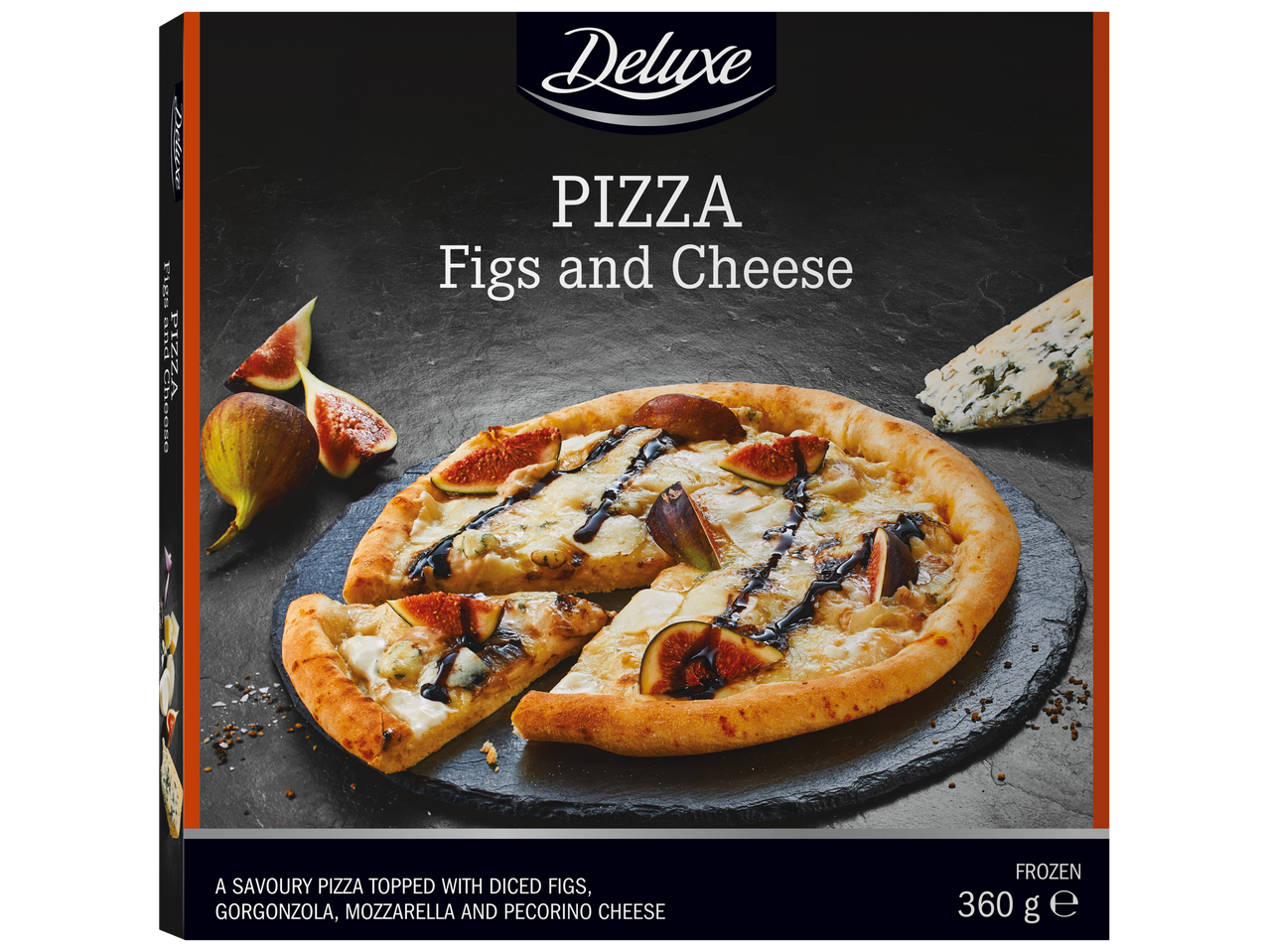 Deluxe pica ar vīģēm un sieriem Gorgonzola, mozzarella un Pecorino.