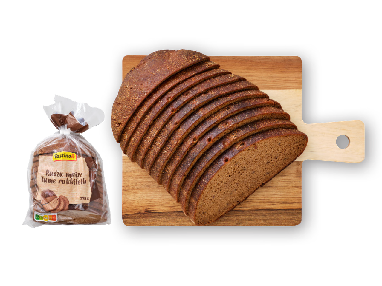 Pakend Tastino rukkileiba ja viilutatud rukkileib puidust lõikelaual.