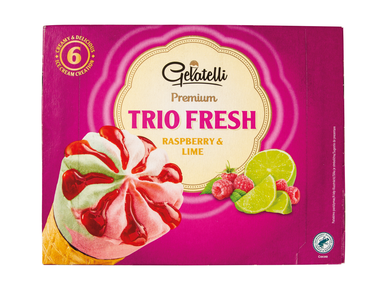 Inghețată Gelatelli Premium Trio Fresh, aromă de zmeură și lămâie.