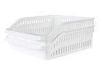 Two white plastic storage baskets stacked together.