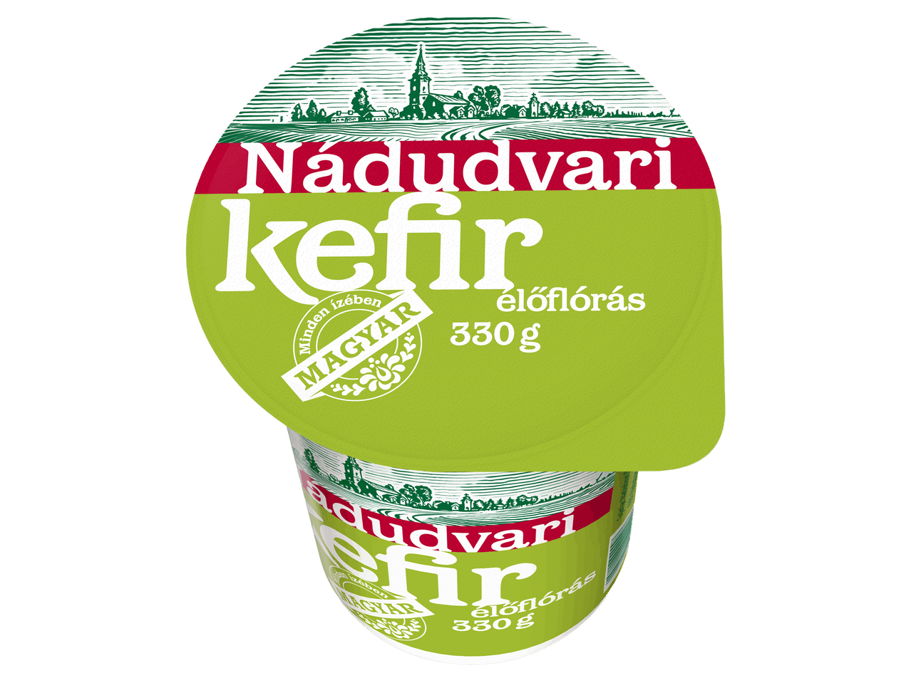 Élőflórás kefir zöld-fehér pohárban, 330 g-os kiszerelésben.