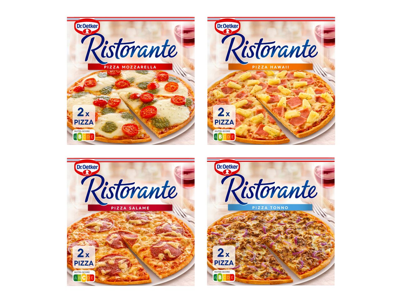 Twee Dr. Oetker Ristorante pizza's: mozzarella, hawaii, salami en tonijn.