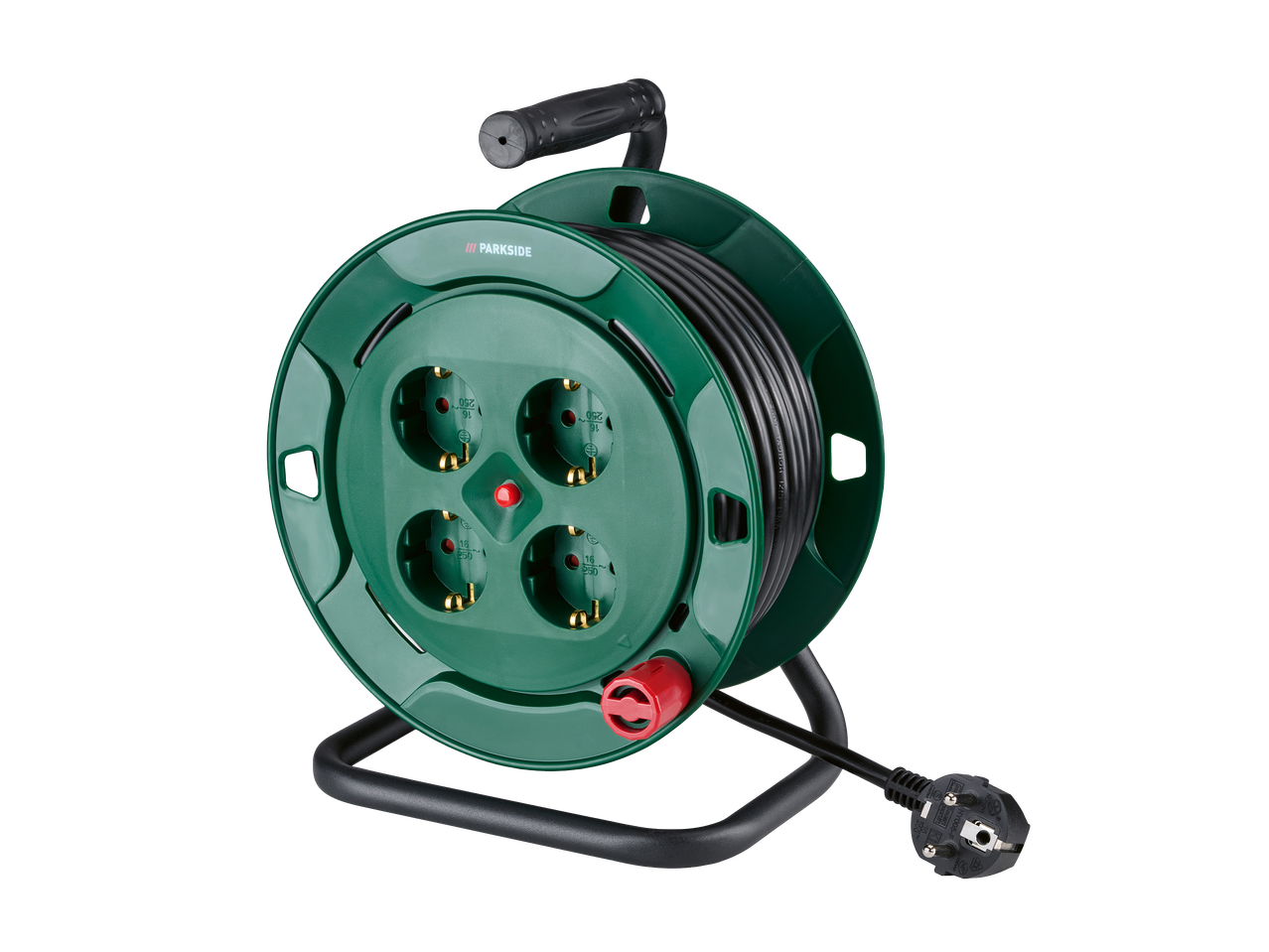 Zeleni produžni kabel na kolutu s četiri utičnice i crvenim prekidačem.