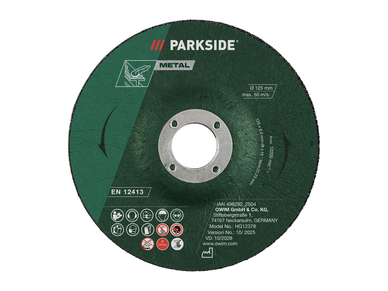 Metal cutting disc, 125mm diameter, max. 50 m/s, for angle grinders, with safety pictograms.