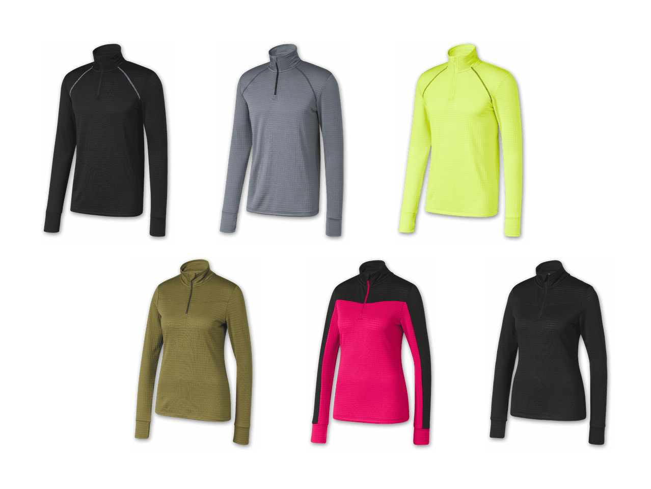 Sechs langärmelige Sportoberteile in verschiedenen Farben, darunter Schwarz, Grau, Neongelb, Olivgrün und Pink.