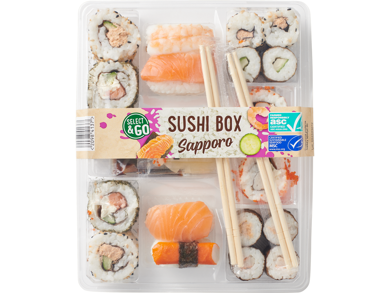 SELECT & GO Sushi dėžutė „Sapporo“ su įvairiais sušių ritinėliais, nigiri ir lazdelėmis.