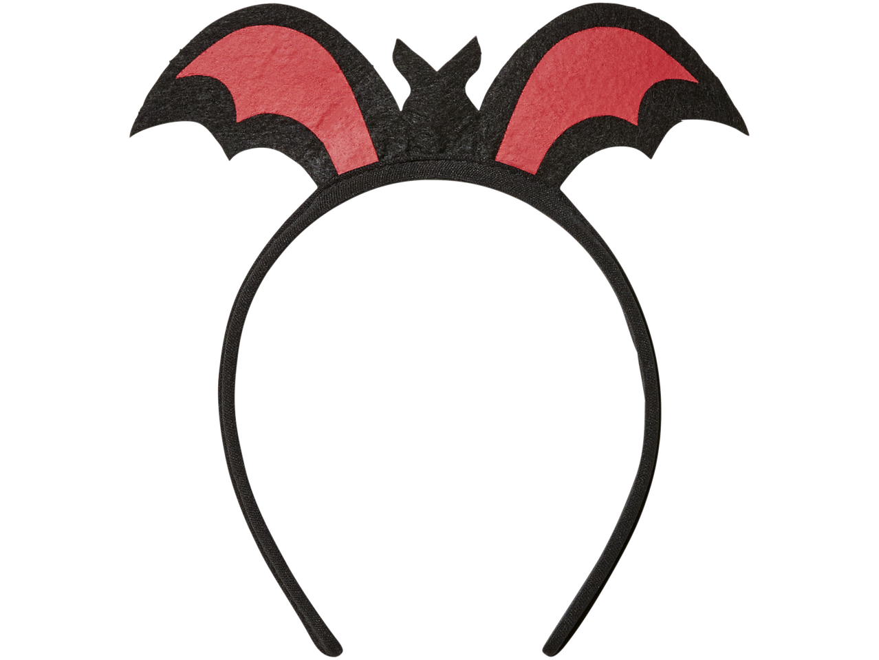 Black headband with red and black bat wings for a Halloween costume.