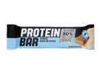 Barre protéinée avec 50% de protéines, saveur noix de coco et cacao, avec édulcorants.