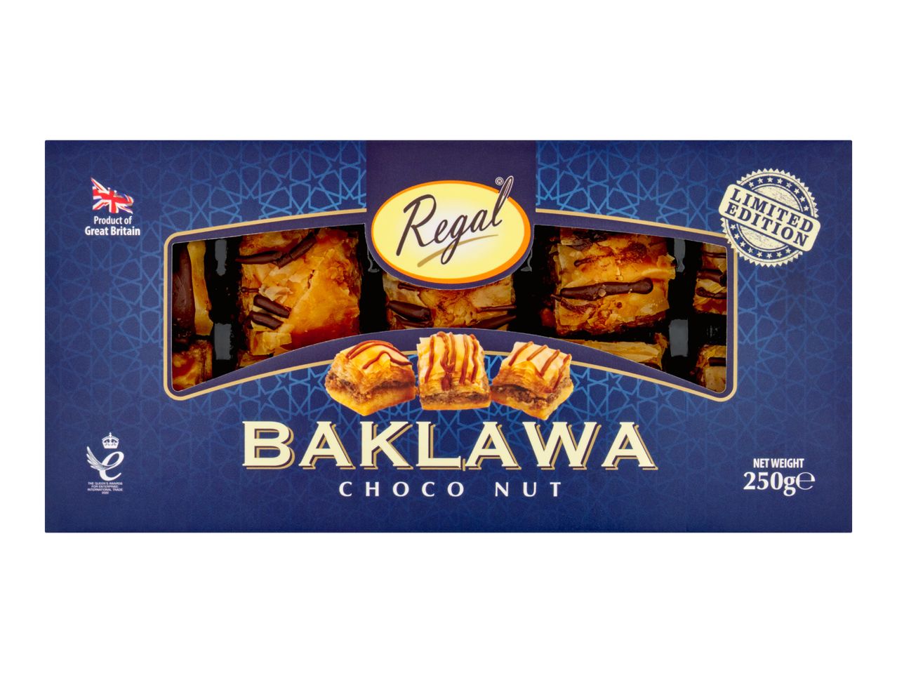 A 250g box of chocolate and nut baklawa pastry.