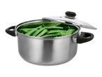 Stainless steel pot filled with fresh green snow peas, with a glass lid slightly ajar.